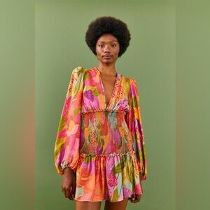 Farm Rio Sweet Forest Smocked Long Sleeve Mini Dress Size XS